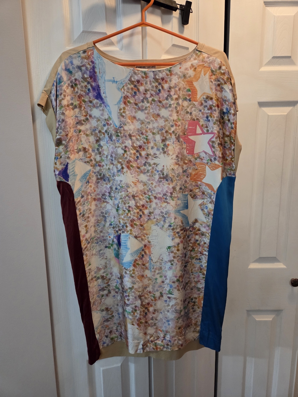 Tsumori Chisato Multicolor Silk Mini Shift Dress with Blue & Burgundy Panels